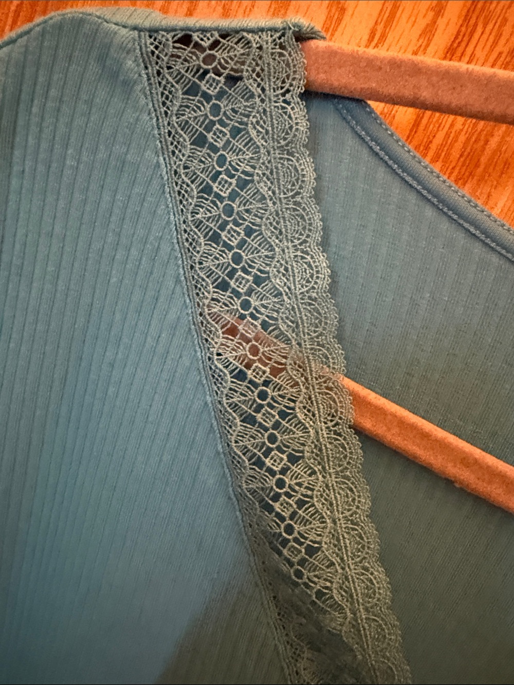 Talbots Teal Blue Ribbed V-Neck Top with Lace Trim - Picture 4 of 9